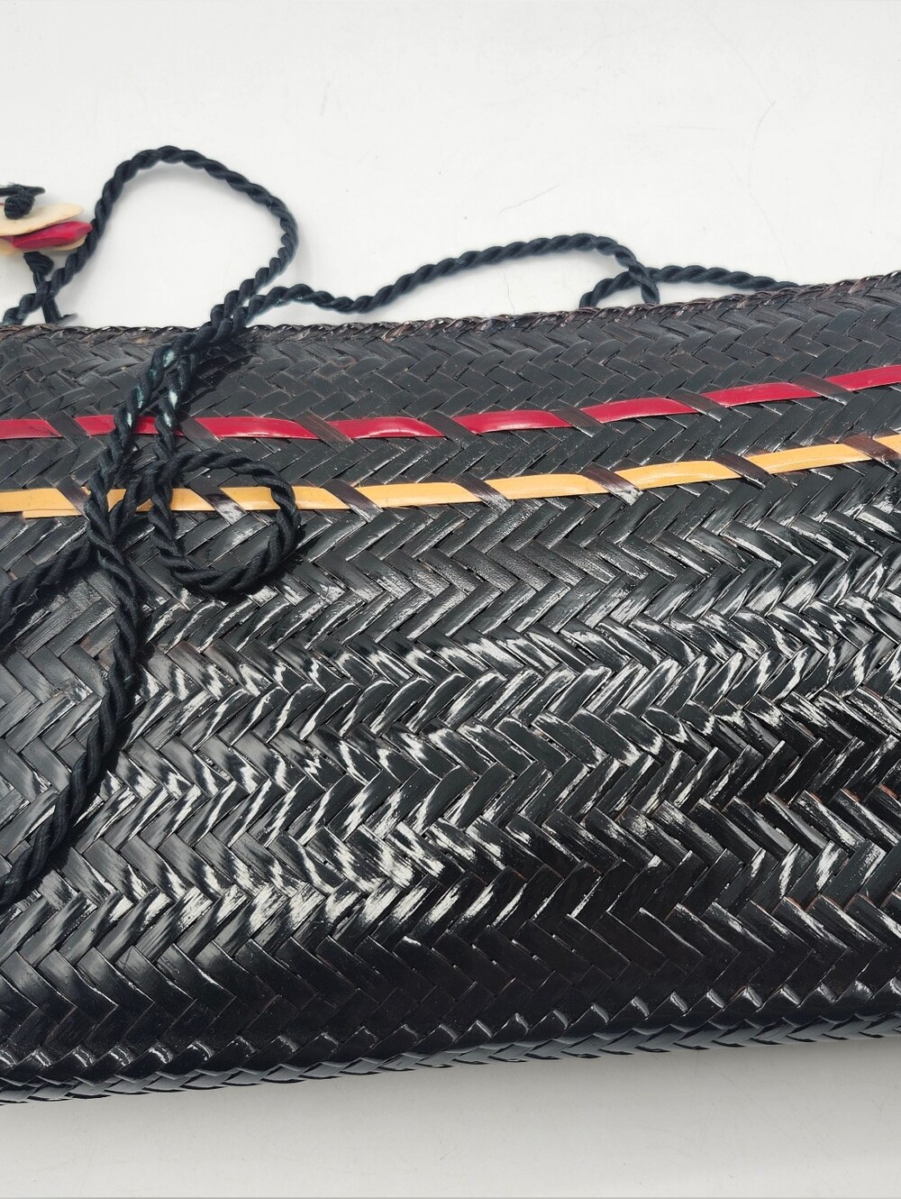 Black Vintage Herringbone Pattern Crossbody Bag with Red & Yellow Accents